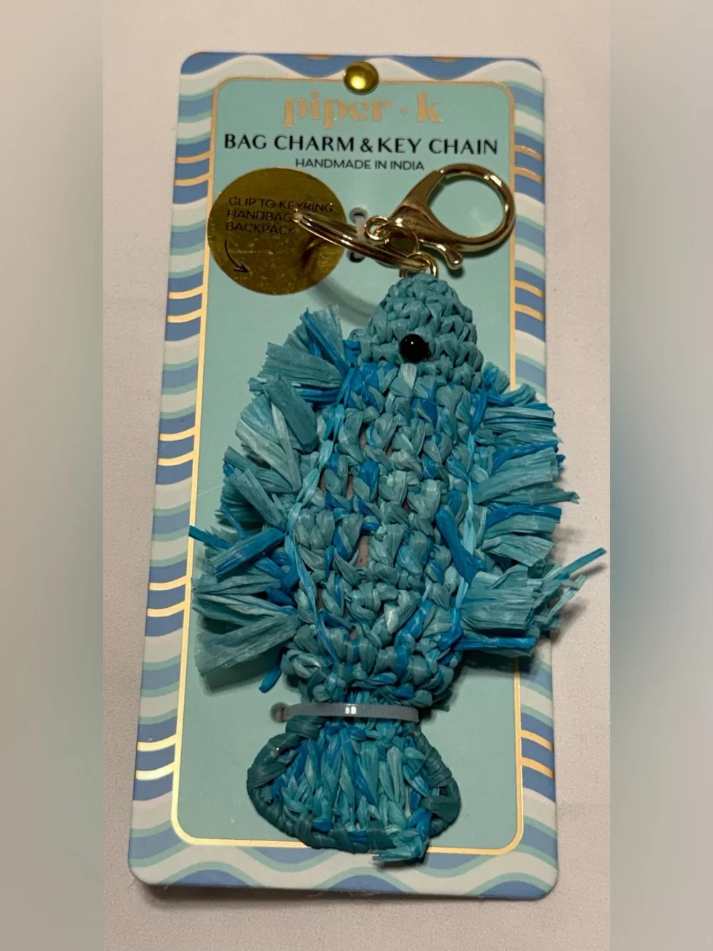 Piper K Blue Raffia Woven Fish Bag Charm Keychain